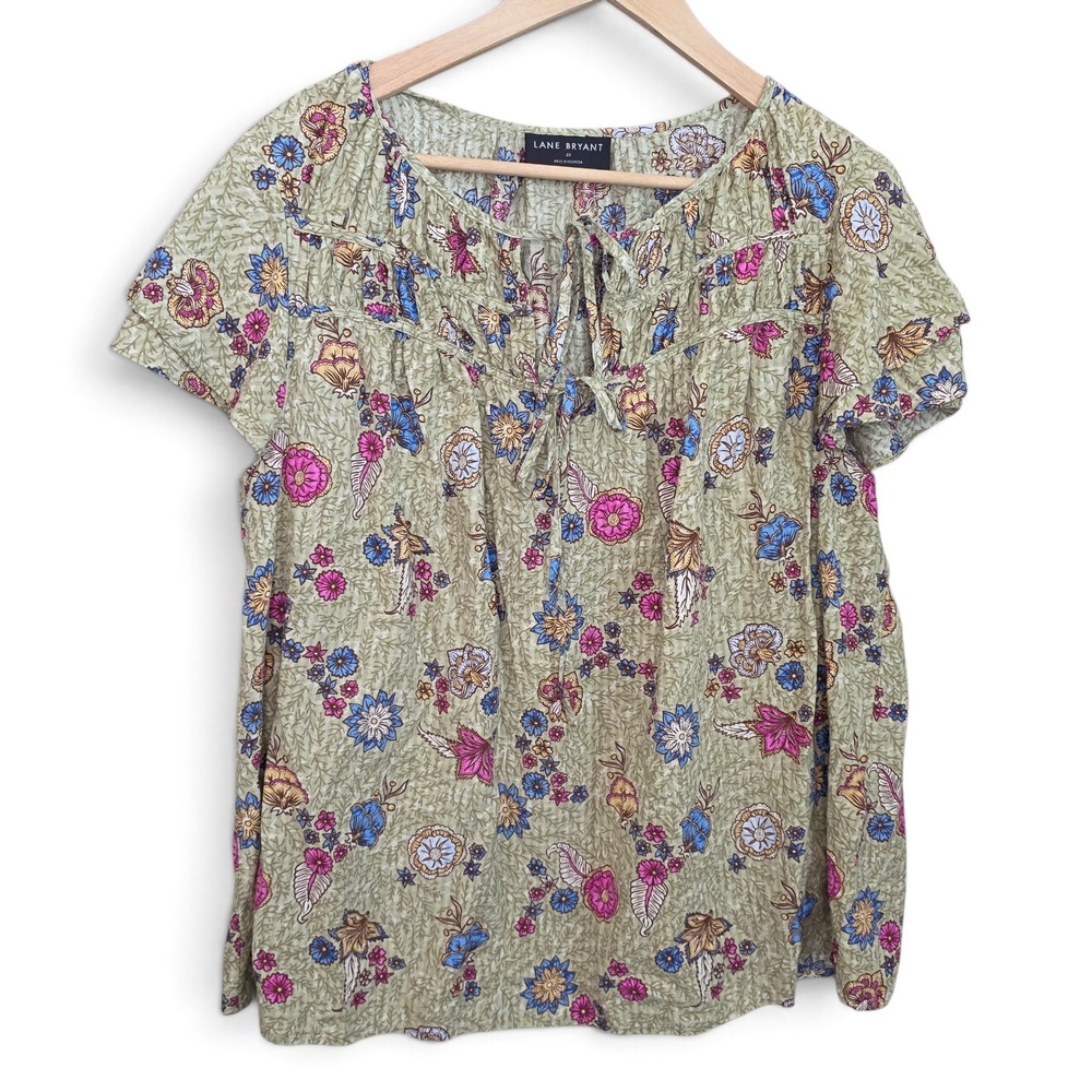 Lane Bryant Blouse Womens 20 Green Floral Tie Neck Short Sleeve Boho Peasant Top